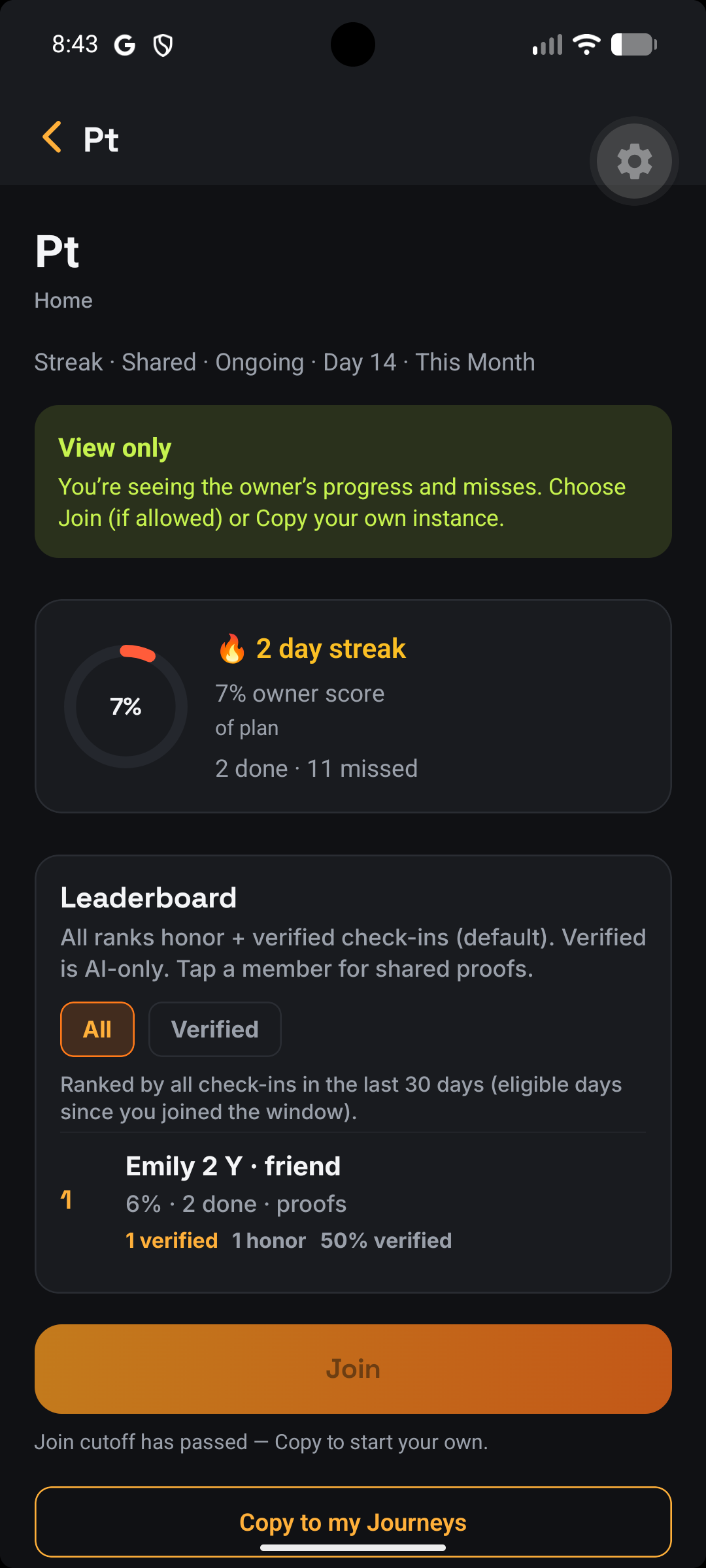 Motivus shared Journey with leaderboard and streak progress