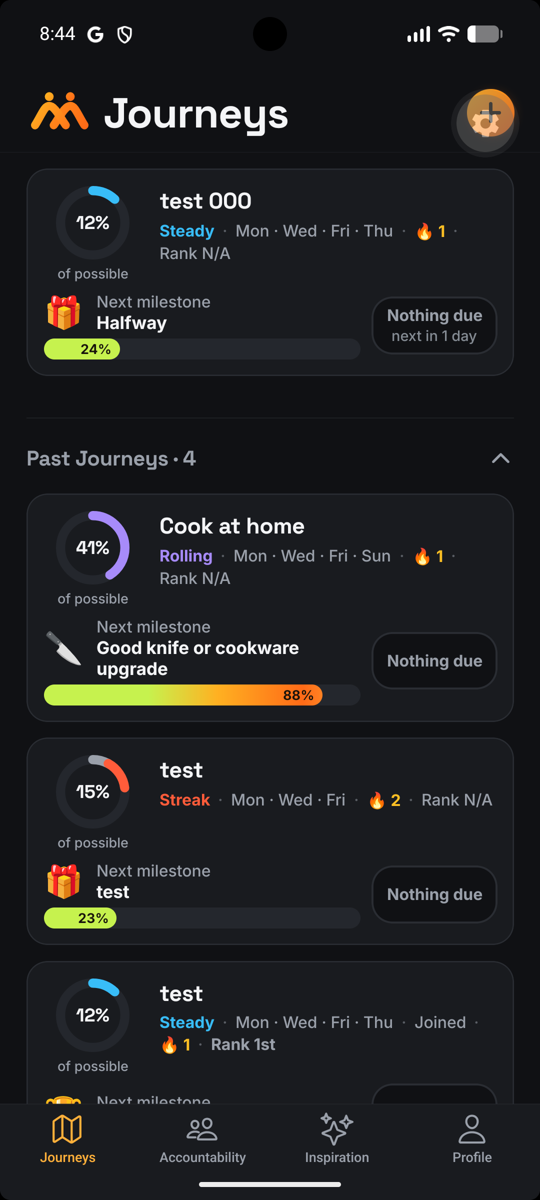 Motivus Journeys list with milestones and progress